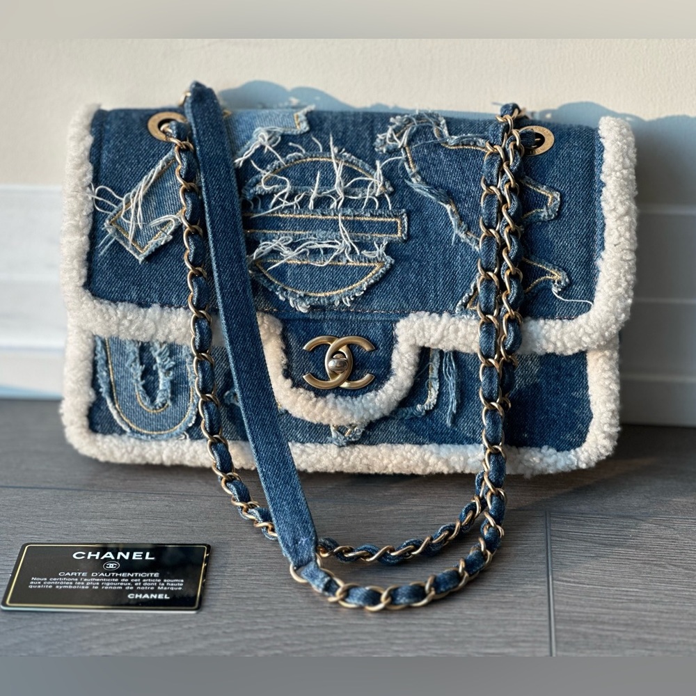 [SOLD] CHANEL medium shearling denim hieroglyph fap bag *rare*